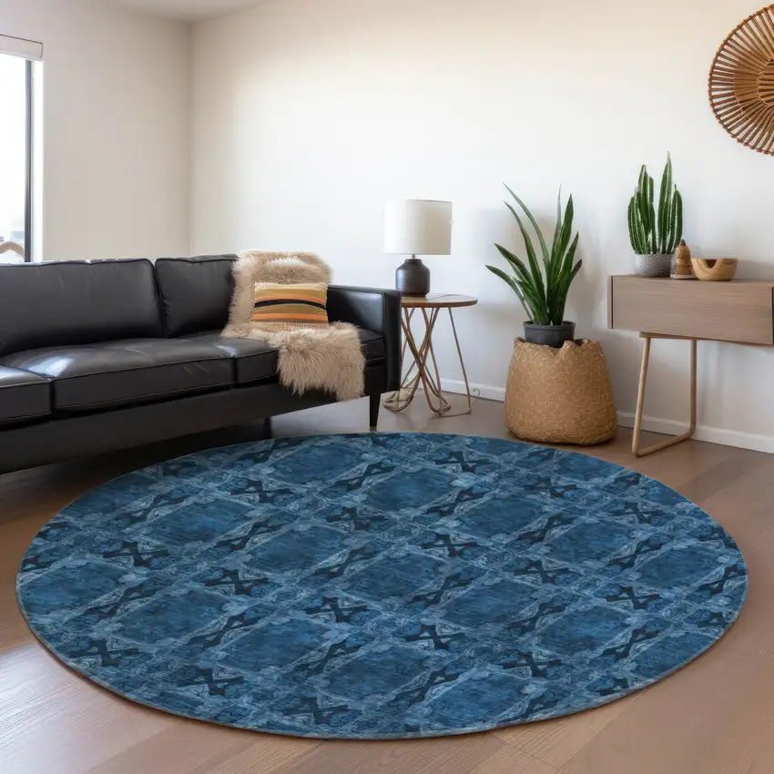 8' Navy Blue And Gray Floral Medallion Washable Round Rug With UV Protection Photo 5