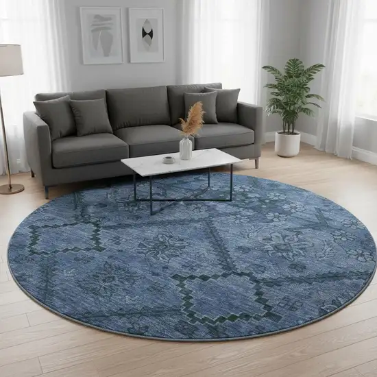 8' Navy Blue And Gray Floral Washable Round Rug With UV Protection Photo 2