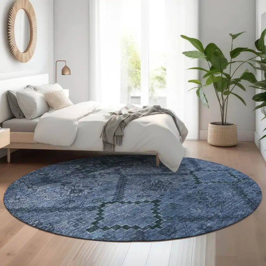 8' Navy Blue And Gray Floral Washable Round Rug With UV Protection Photo 5
