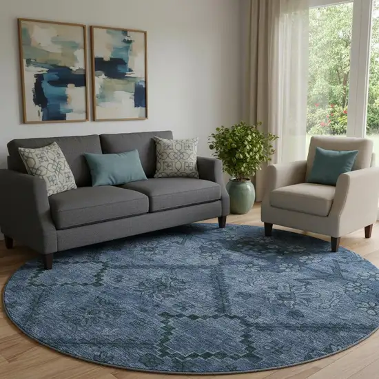 8' Navy Blue And Gray Floral Washable Round Rug With UV Protection Photo 1