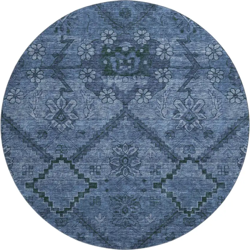 8' Navy Blue And Gray Floral Washable Round Rug With UV Protection Photo 1