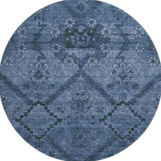 8' Navy Blue And Gray Floral Washable Round Rug With UV Protection Photo 4