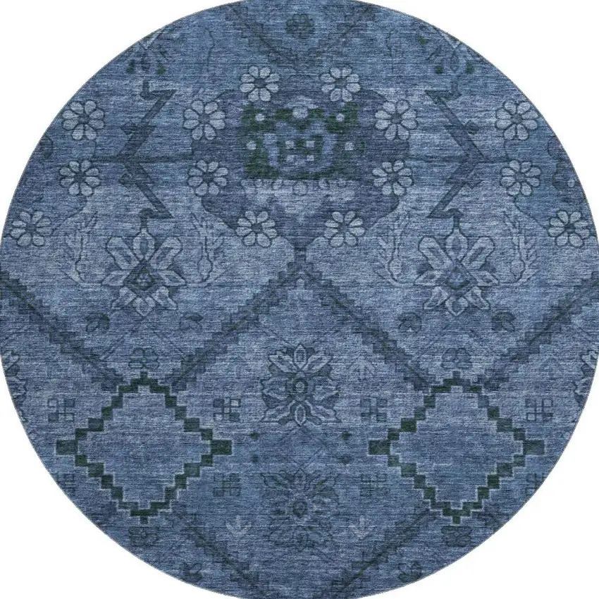 8' Navy Blue And Gray Floral Washable Round Rug With UV Protection Photo 4