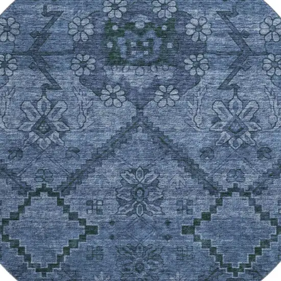 8' Navy Blue And Gray Floral Washable Round Rug With UV Protection Photo 3