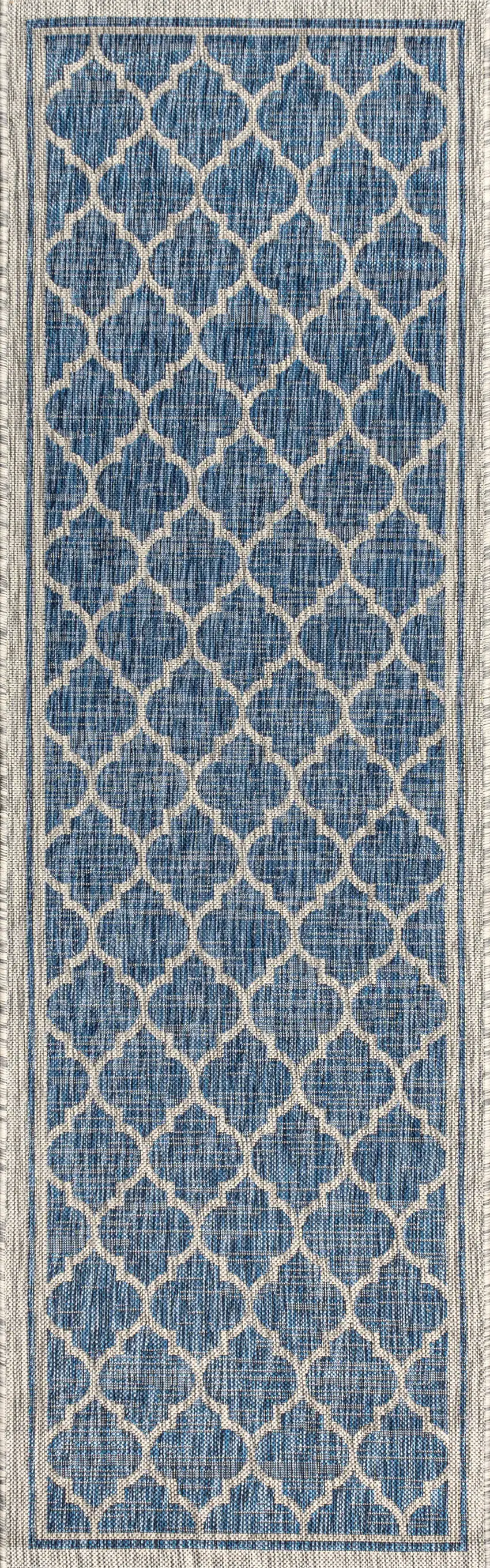 8' Navy Blue And Gray Geometric Indoor Outdoor Runner Rug Photo 3