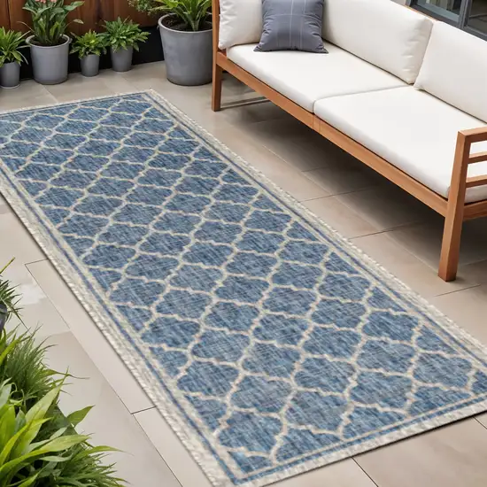 8' Navy Blue And Gray Geometric Indoor Outdoor Runner Rug Photo 1