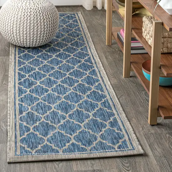 8' Navy Blue And Gray Geometric Indoor Outdoor Runner Rug Photo 4