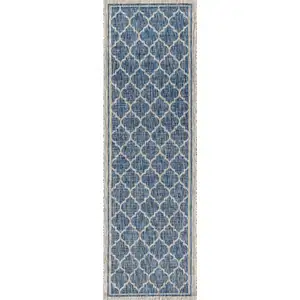 Photo of 8' Navy Blue And Gray Geometric Indoor Outdoor Runner Rug