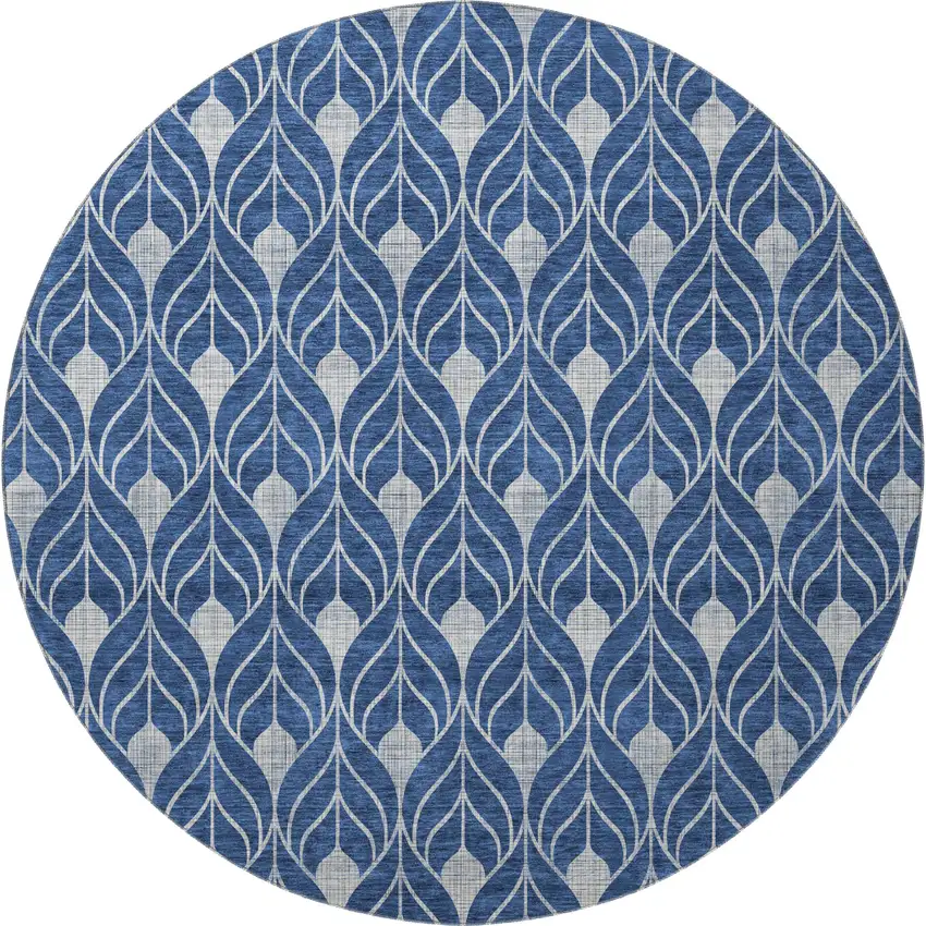 8' Navy Blue And Gray Geometric Washable Round Rug With UV Protection Photo 3