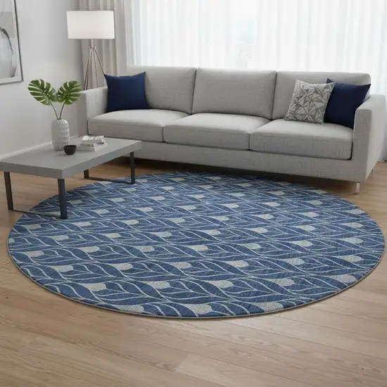 8' Navy Blue And Gray Geometric Washable Round Rug With UV Protection Photo 2