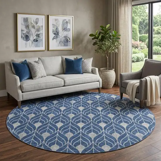 8' Navy Blue And Gray Geometric Washable Round Rug With UV Protection Photo 1