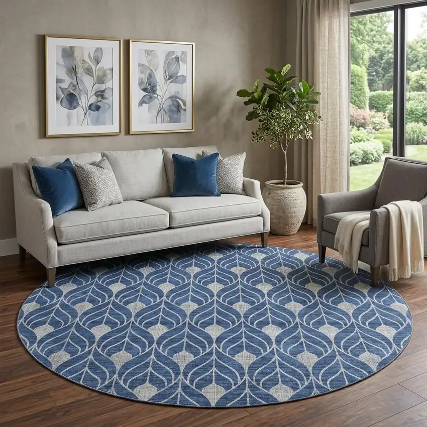 8' Navy Blue And Gray Geometric Washable Round Rug With UV Protection Photo 1
