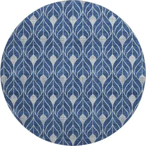 Photo of 8' Navy Blue And Gray Geometric Washable Round Rug With UV Protection