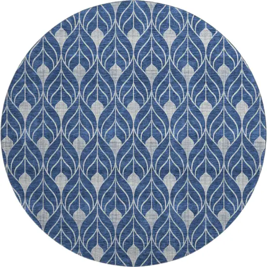 8' Navy Blue And Gray Geometric Washable Round Rug With UV Protection Photo 1