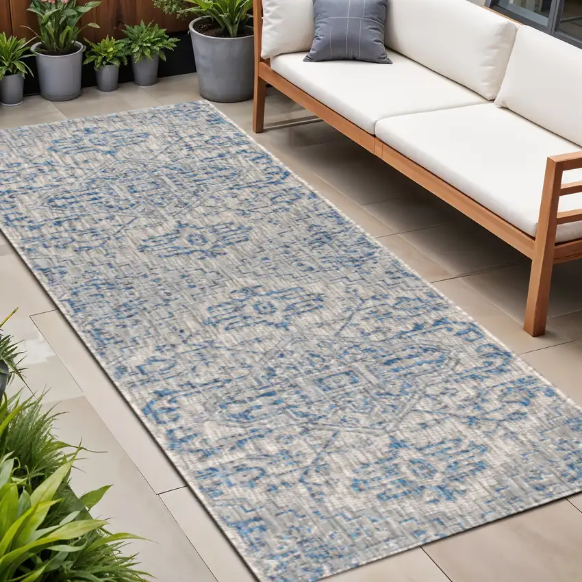 20' Navy Blue And Gray Medallion Indoor Outdoor Runner Rug Photo 1