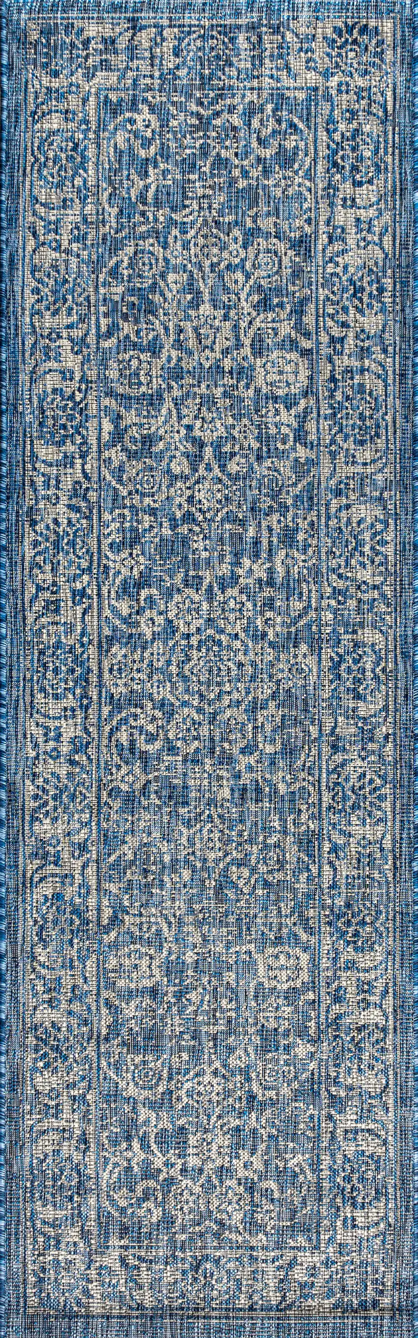 8' Navy Blue And Gray Medallion Indoor Outdoor Runner Rug Photo 3