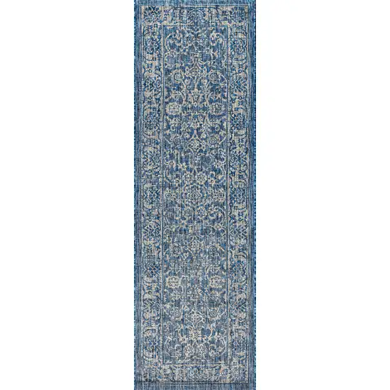 8' Navy Blue And Gray Medallion Indoor Outdoor Runner Rug Photo 1