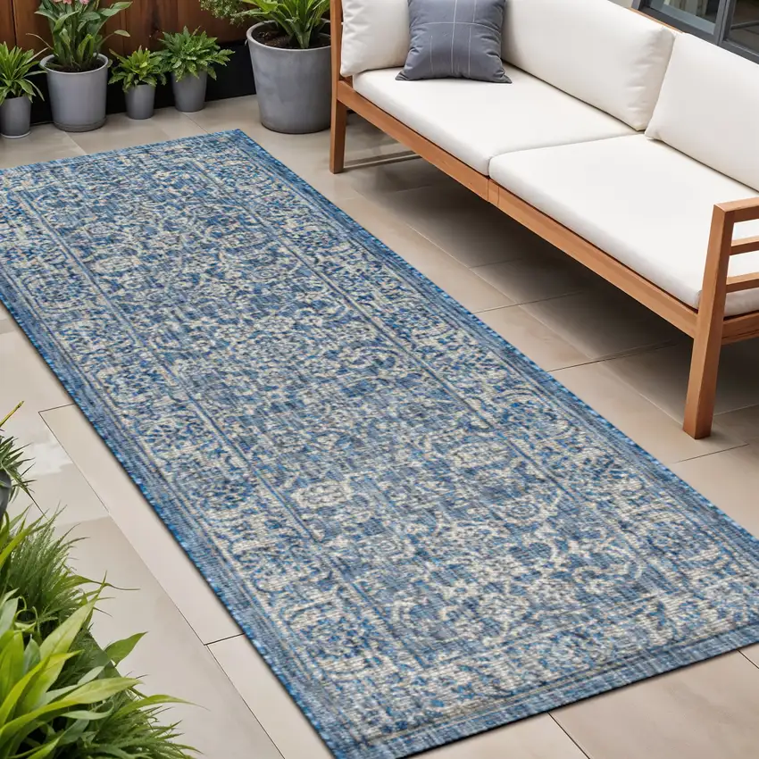8' Navy Blue And Gray Medallion Indoor Outdoor Runner Rug Photo 1