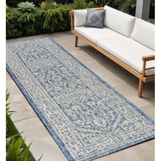 8' Navy Blue And Gray Medallion Indoor Outdoor Runner Rug Photo 1