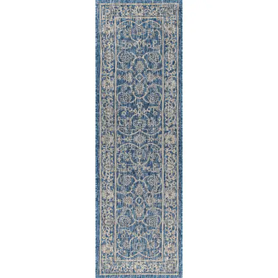 8' Navy Blue And Gray Medallion Indoor Outdoor Runner Rug Photo 3