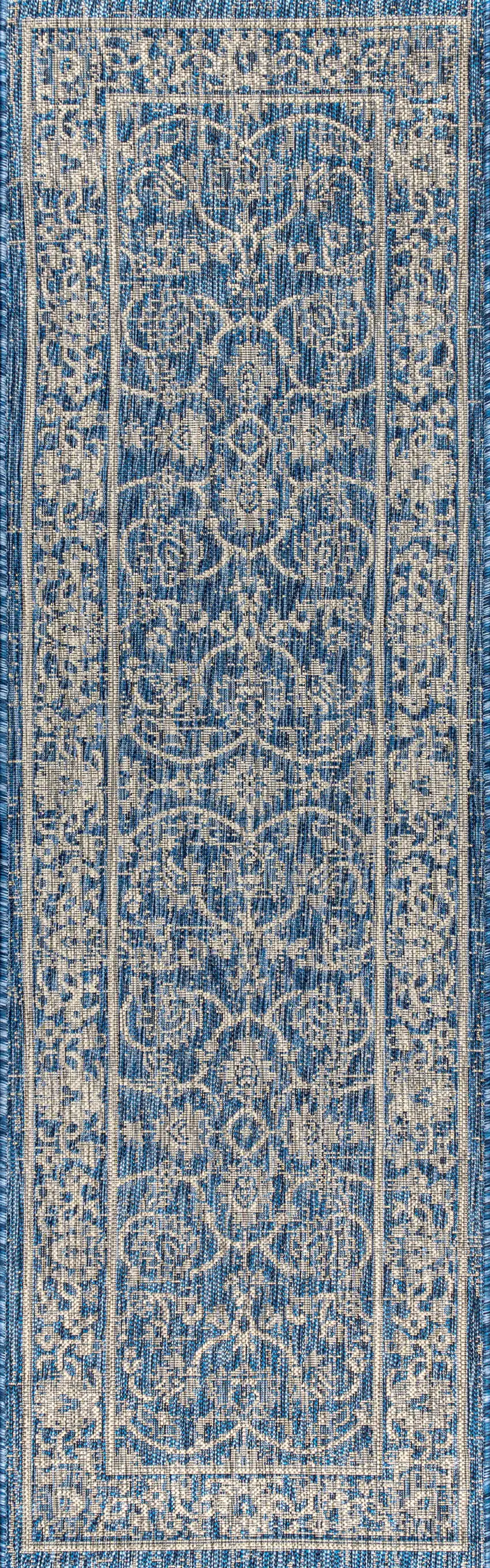 8' Navy Blue And Gray Medallion Indoor Outdoor Runner Rug Photo 3