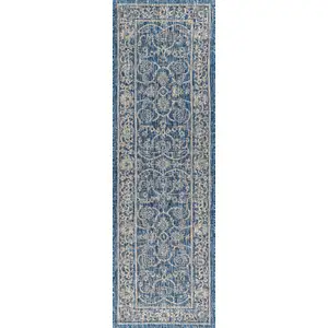 Photo of 8' Navy Blue And Gray Medallion Indoor Outdoor Runner Rug