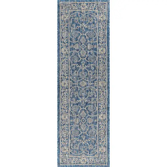 8' Navy Blue And Gray Medallion Indoor Outdoor Runner Rug Photo 1