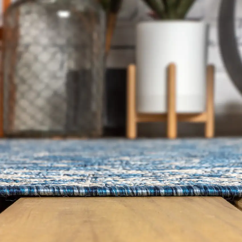 8' Navy Blue And Gray Medallion Indoor Outdoor Runner Rug Photo 9