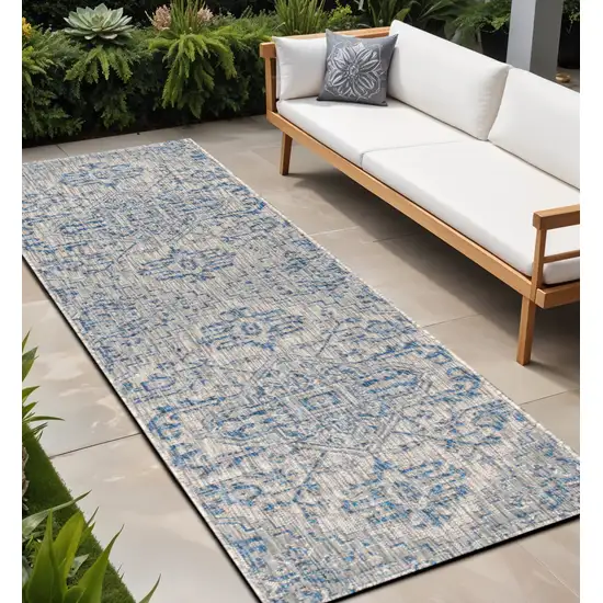 8' Navy Blue And Gray Medallion Indoor Outdoor Runner Rug Photo 1