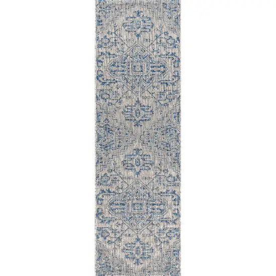 8' Navy Blue And Gray Medallion Indoor Outdoor Runner Rug Photo 2