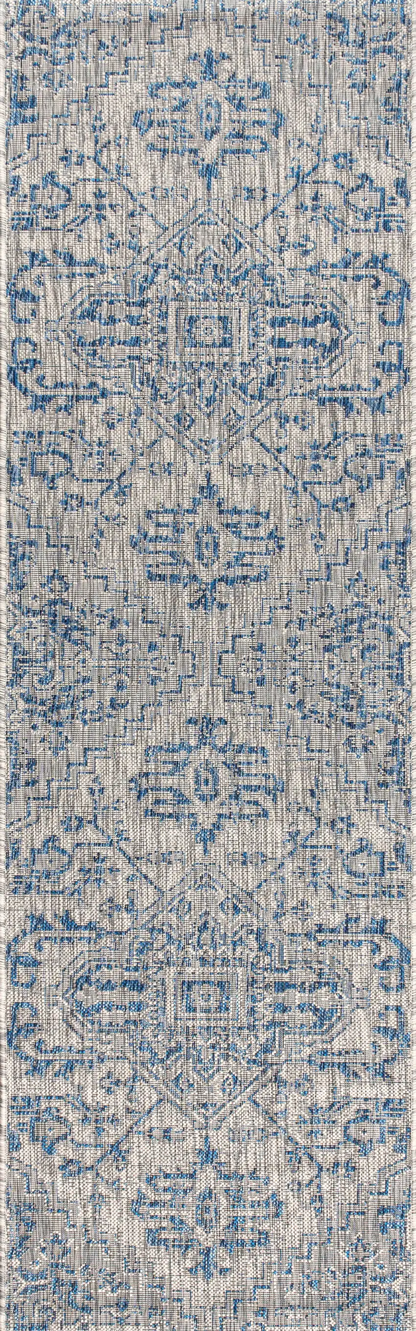 8' Navy Blue And Gray Medallion Indoor Outdoor Runner Rug Photo 2