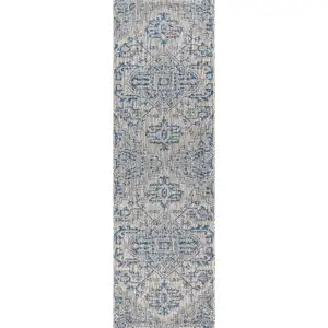 Photo of 8' Navy Blue And Gray Medallion Indoor Outdoor Runner Rug