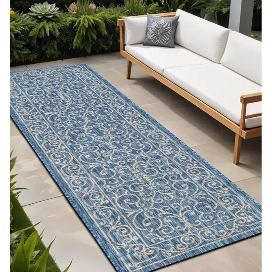 8' Navy Blue And Gray Medallion Indoor Outdoor Runner Rug Photo 1