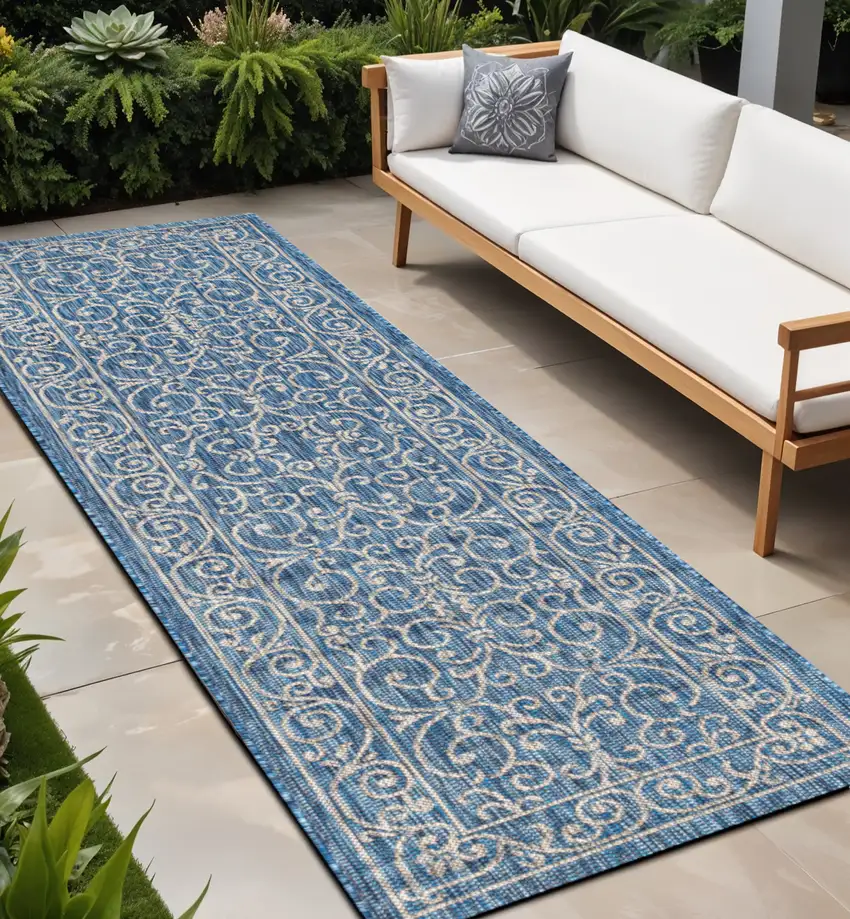 8' Navy Blue And Gray Medallion Indoor Outdoor Runner Rug Photo 1