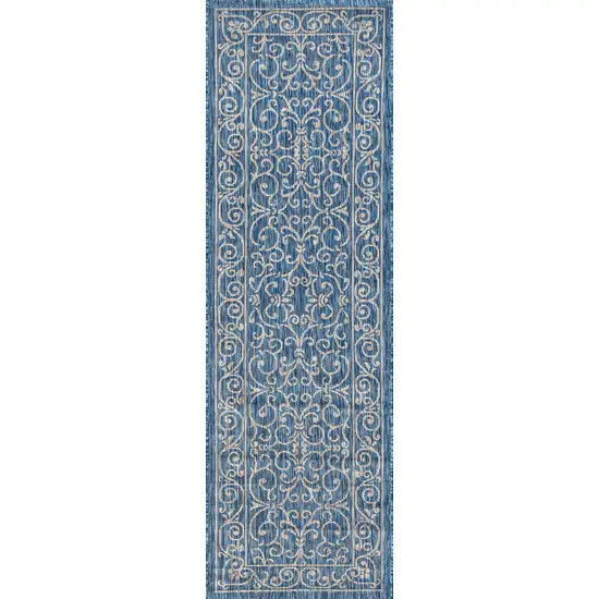 8' Navy Blue And Gray Medallion Indoor Outdoor Runner Rug Photo 1