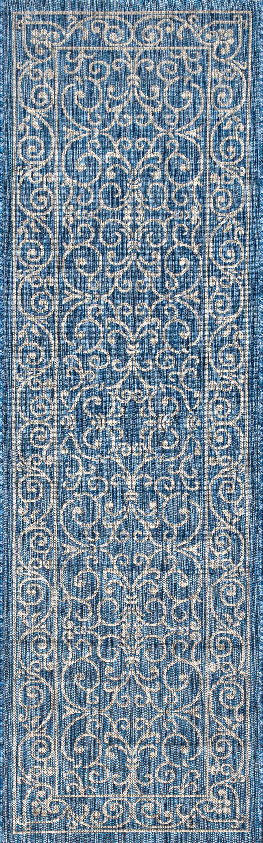 8' Navy Blue And Gray Medallion Indoor Outdoor Runner Rug Photo 1