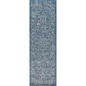 Photo of 10' Navy Blue And Gray Medallion Indoor Outdoor Runner Rug