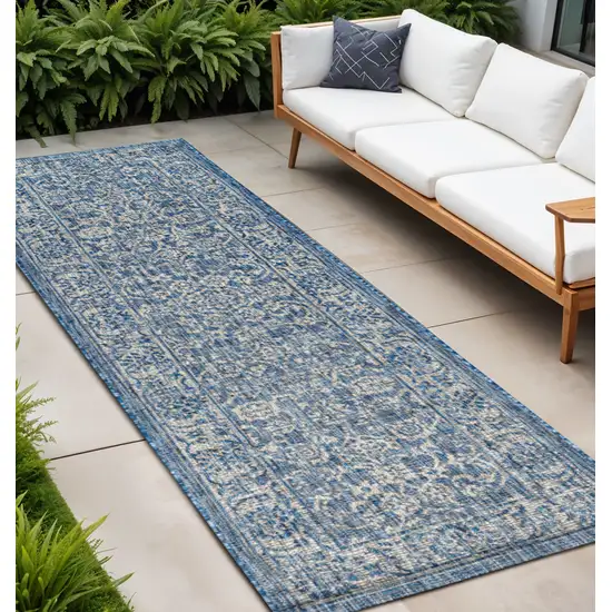 10' Navy Blue And Gray Medallion Indoor Outdoor Runner Rug Photo 1