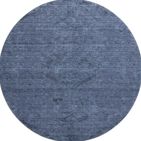8' Navy Blue And Gray Medallion Washable Round Rug With UV Protection Photo 2