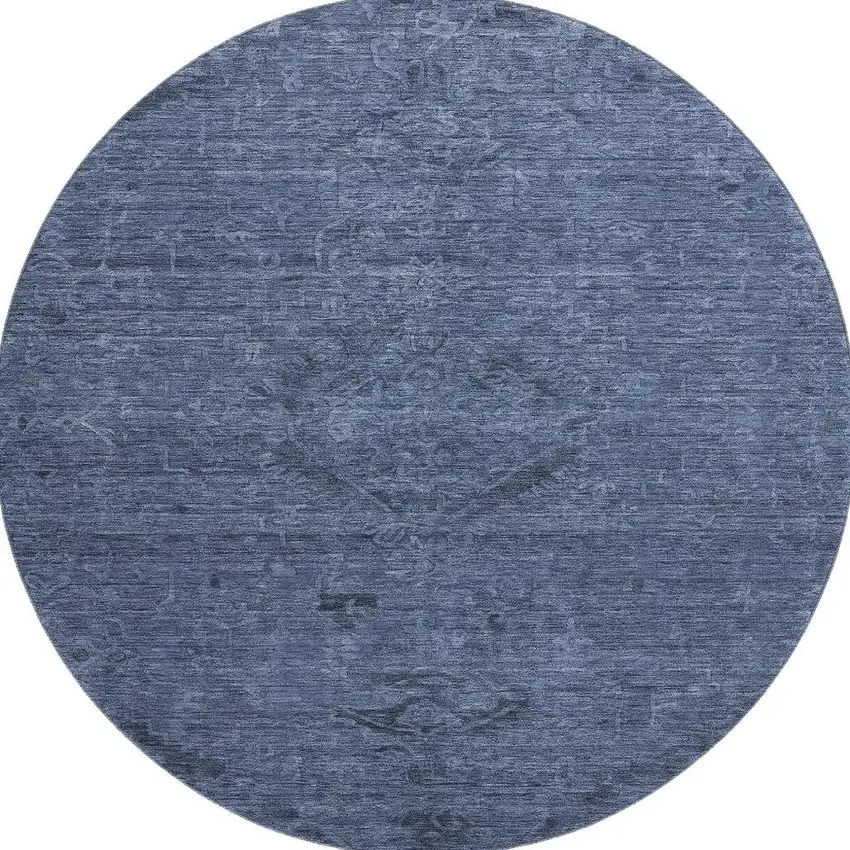 8' Navy Blue And Gray Medallion Washable Round Rug With UV Protection Photo 2