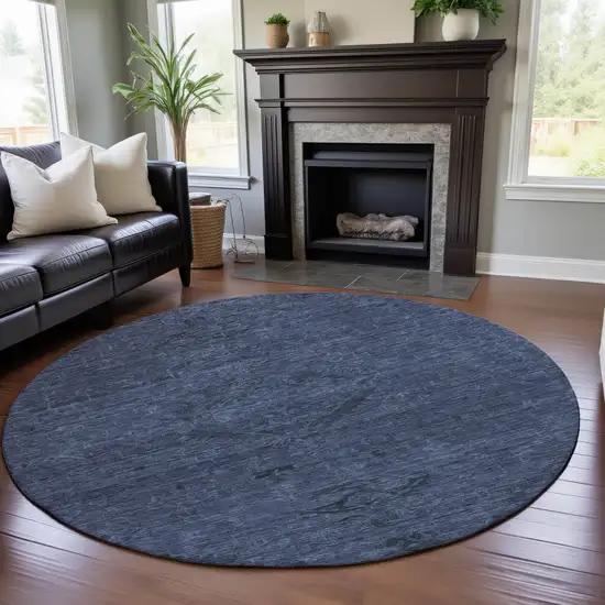 8' Navy Blue And Gray Medallion Washable Round Rug With UV Protection Photo 4