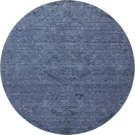 8' Navy Blue And Gray Medallion Washable Round Rug With UV Protection Photo 4