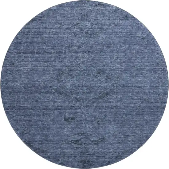 8' Navy Blue And Gray Medallion Washable Round Rug With UV Protection Photo 1