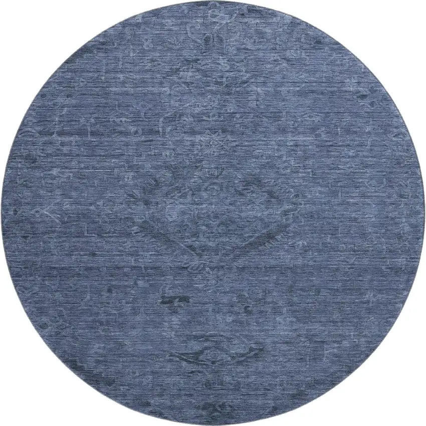 8' Navy Blue And Gray Medallion Washable Round Rug With UV Protection Photo 1