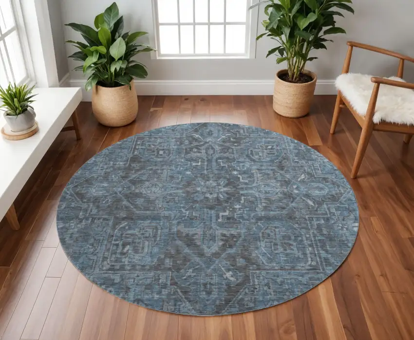 8' Navy Blue And Gray Oriental Washable Round Rug With UV Protection Photo 2