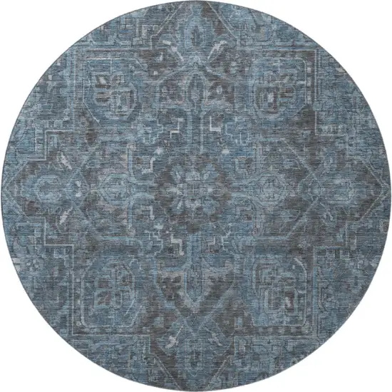 8' Navy Blue And Gray Oriental Washable Round Rug With UV Protection Photo 3