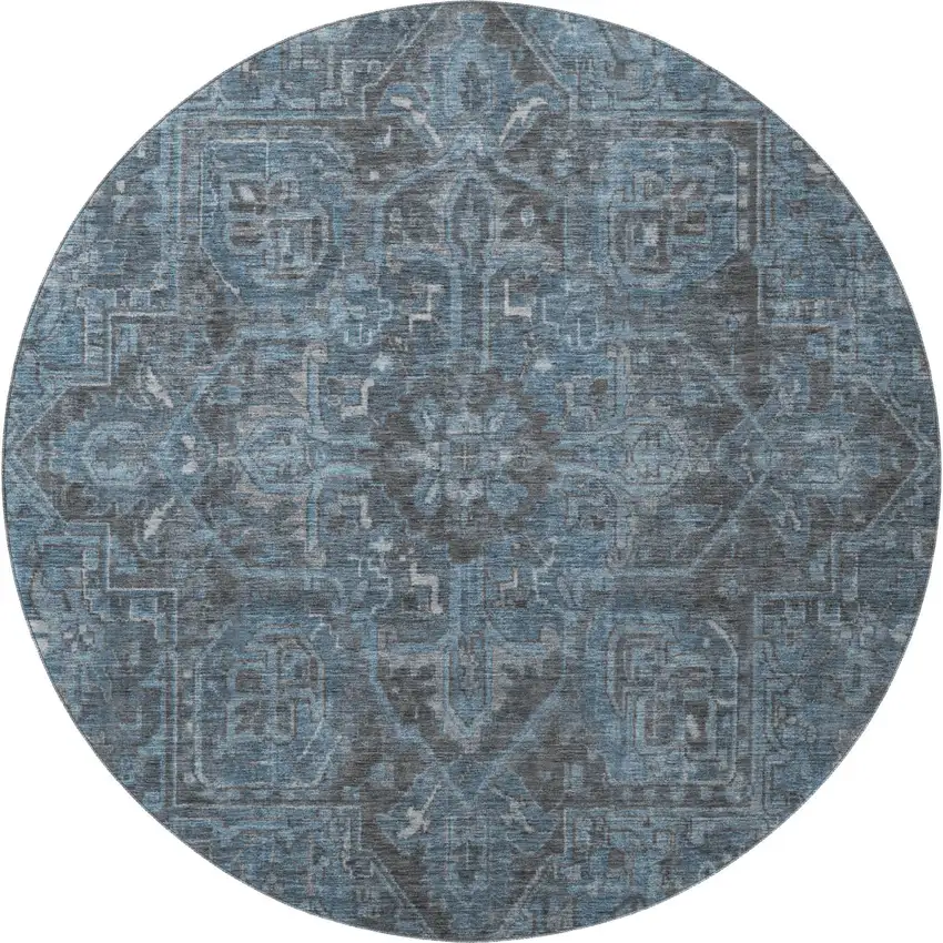 8' Navy Blue And Gray Oriental Washable Round Rug With UV Protection Photo 3