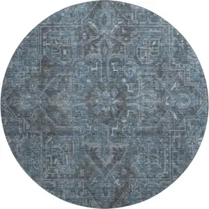 Photo of 8' Navy Blue And Gray Oriental Washable Round Rug With UV Protection
