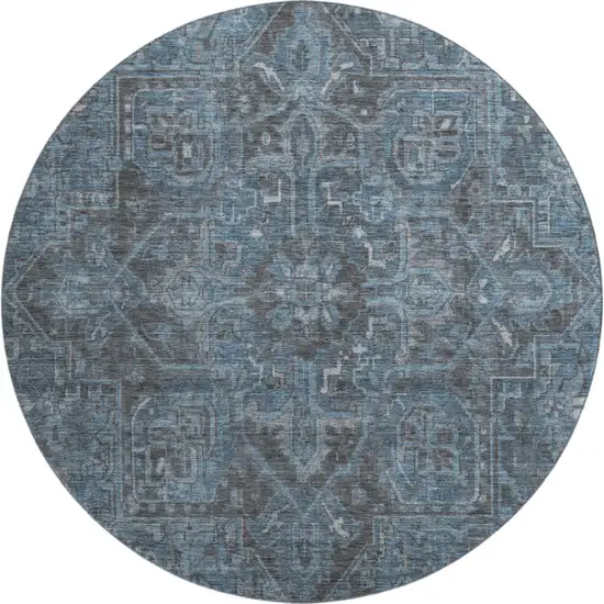 8' Navy Blue And Gray Oriental Washable Round Rug With UV Protection Photo 1