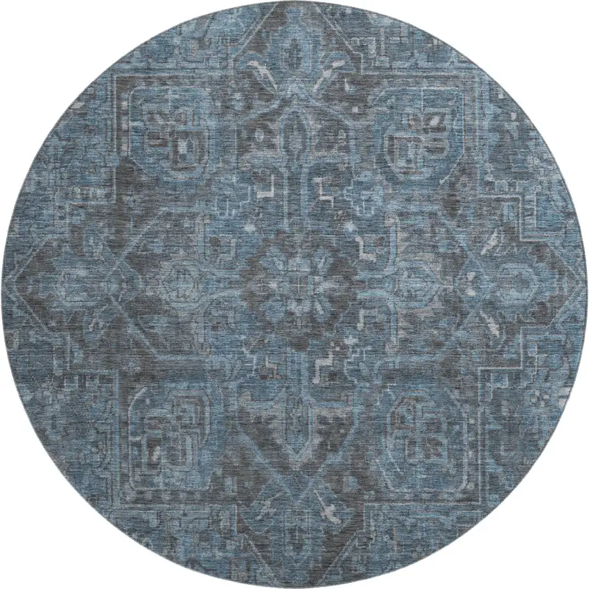 8' Navy Blue And Gray Oriental Washable Round Rug With UV Protection Photo 1